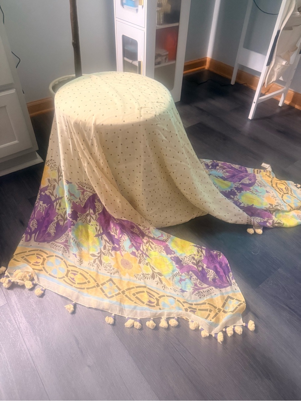 Aratta Floral Tassel Scarf/Wrap in Cream, Purple and Teal